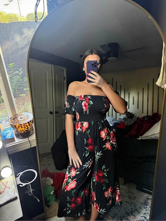 Vine & Love Pants - Vine & Love Floral Off-Shoulder Jumpsuit in Black & Red Like New
